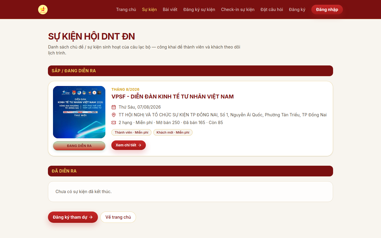 Trang danh sách sự kiện Hội DNT Đồng Nai