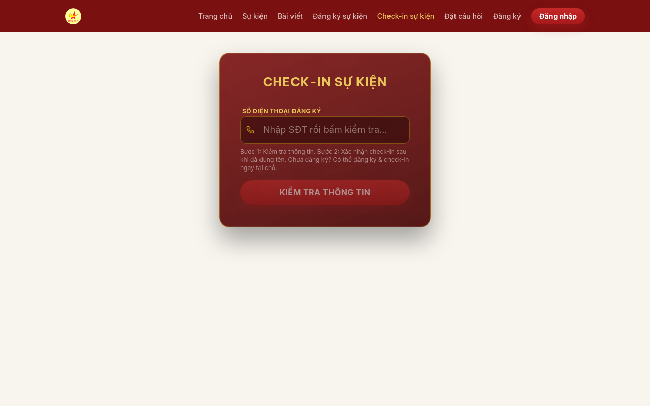 Màn hình check-in sự kiện bằng số điện thoại