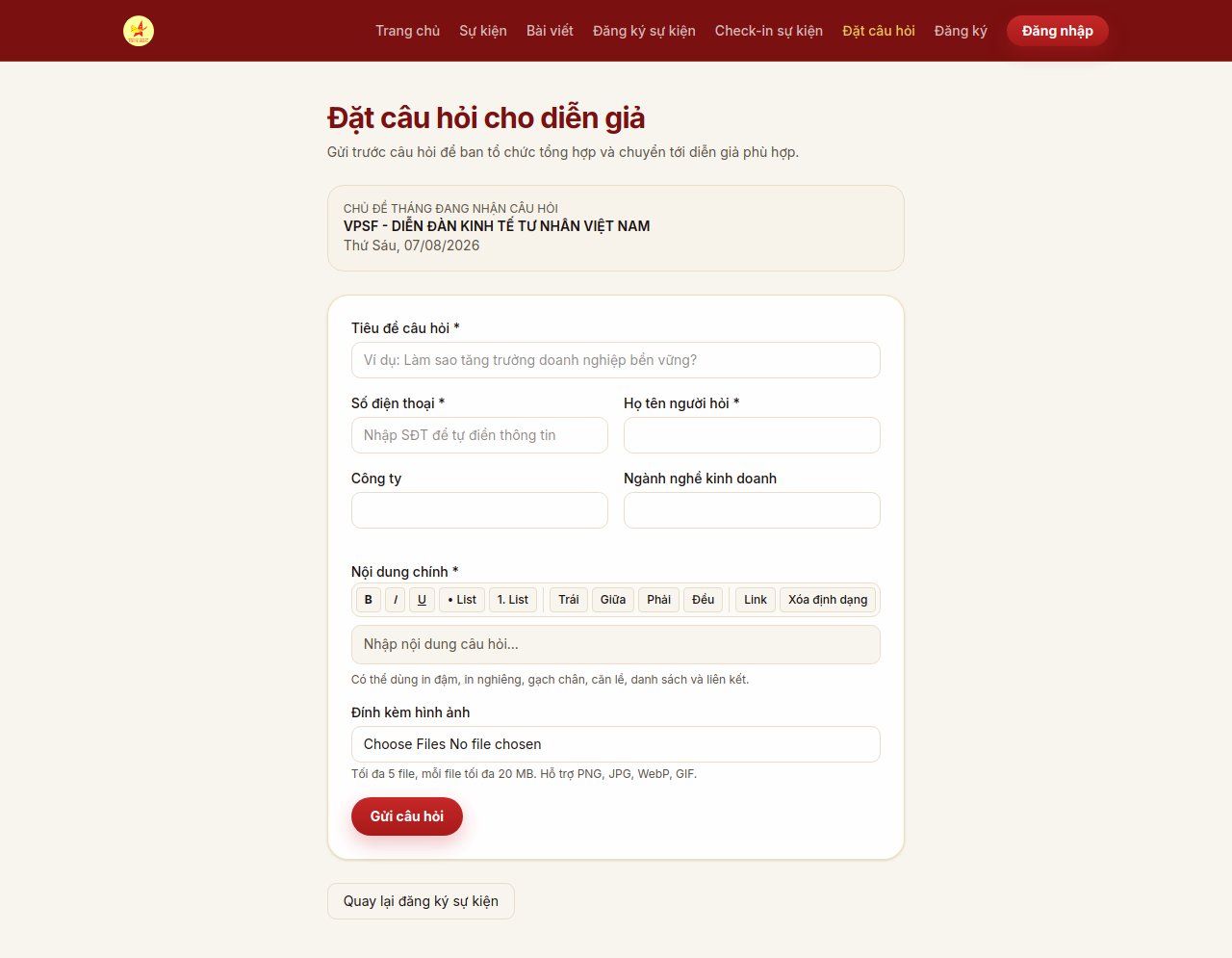 Form đặt câu hỏi diễn giả